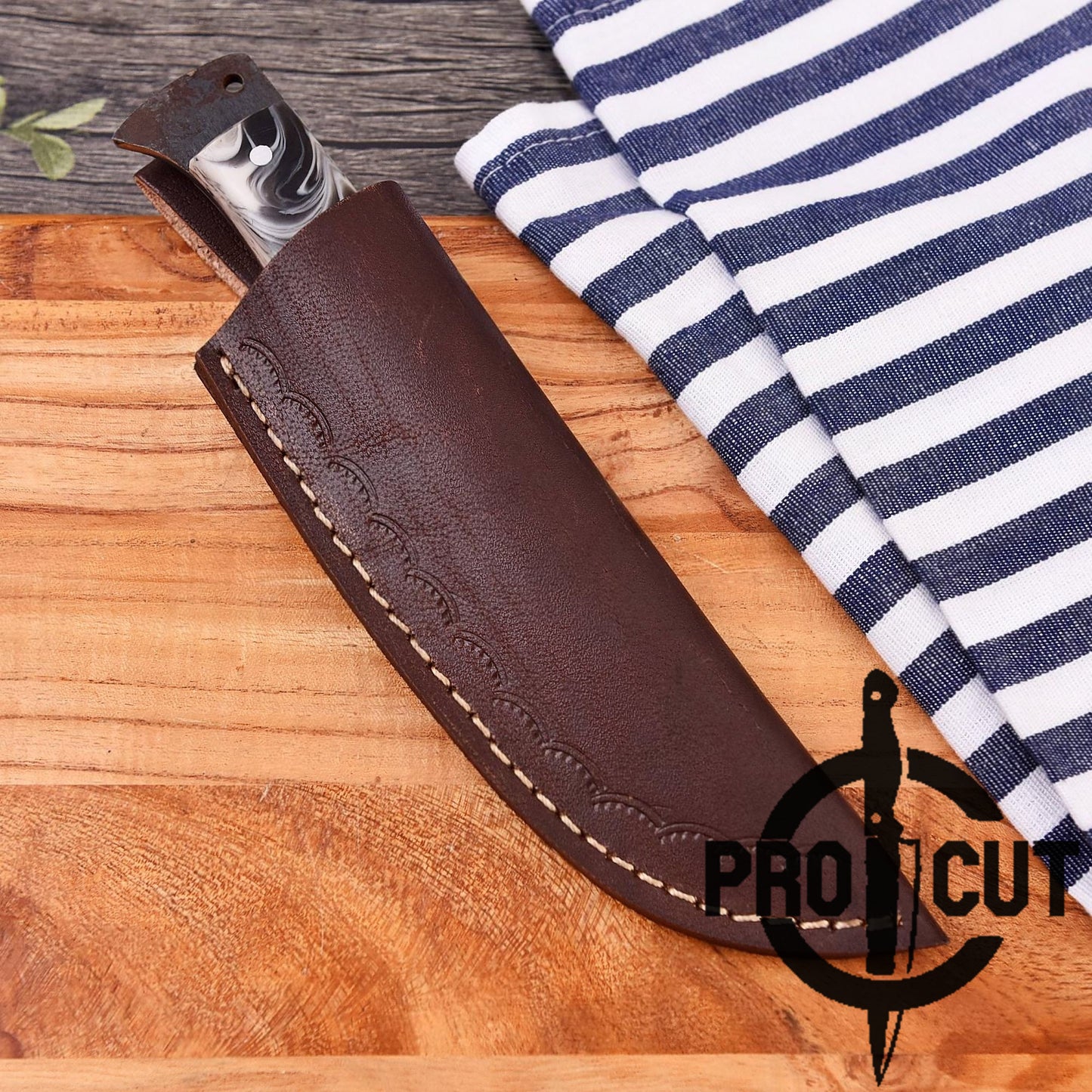Pro Cut Hand Forged Stainless Steel Full Tang Hunting Knife with Epoxy Resin Handle & Leather Sheath
