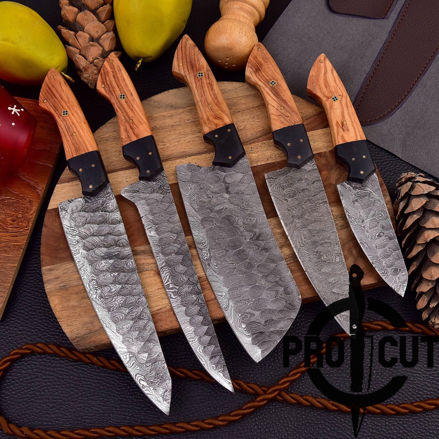 Pro Cut Forge Heart Damascus Steel Chef Set - Olive Wood Handle