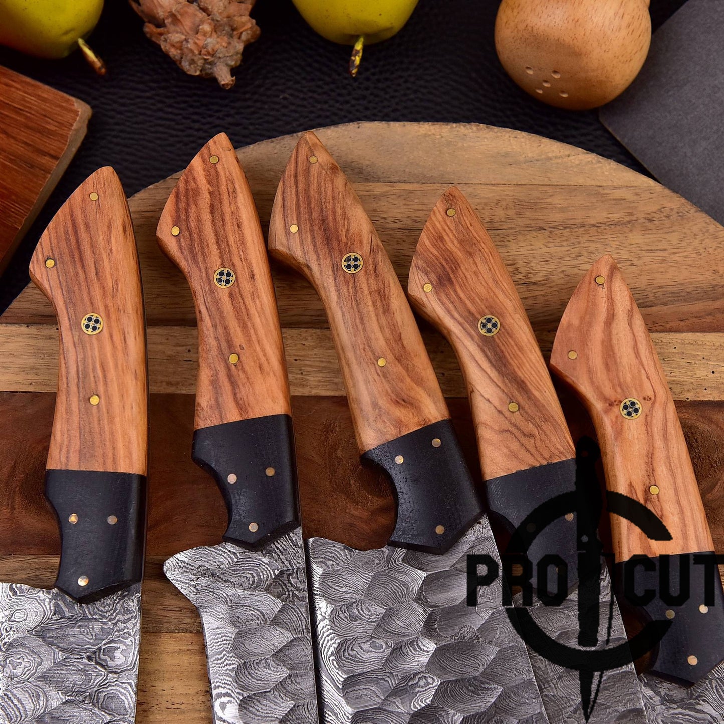 Pro Cut Forge Heart Damascus Steel Chef Set - Olive Wood Handle