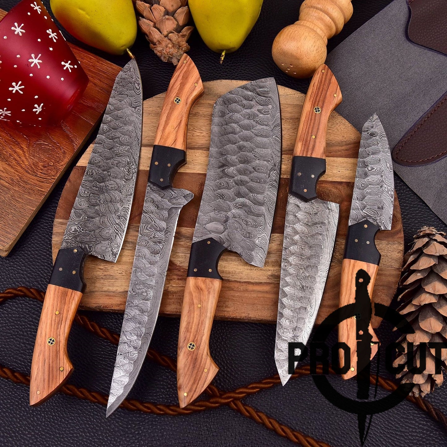 Pro Cut Forge Heart Damascus Steel Chef Set - Olive Wood Handle