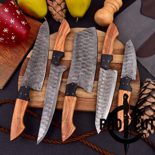 Pro Cut Forge Heart Damascus Steel Chef Set - Olive Wood Handle