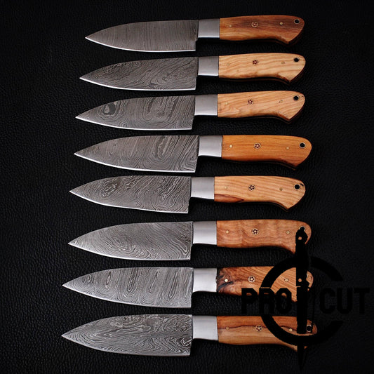 8 Pcs Handmade Damascus Steel Culinary Knives Set, Hand Forged BBQ Steak Knives