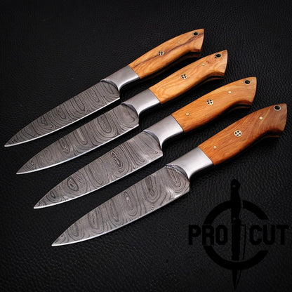 4 Pcs Handmade Damascus Steel Culinary Steak Knives Set with Olive Wood Handle
