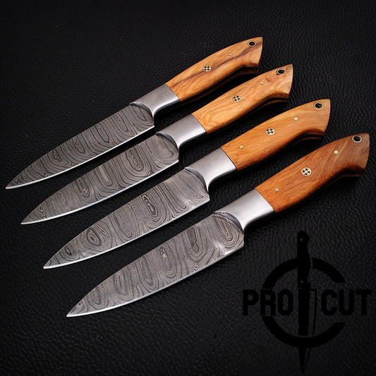 4 Pcs Handmade Damascus Steel Culinary Steak Knives Set with Olive Wood Handle