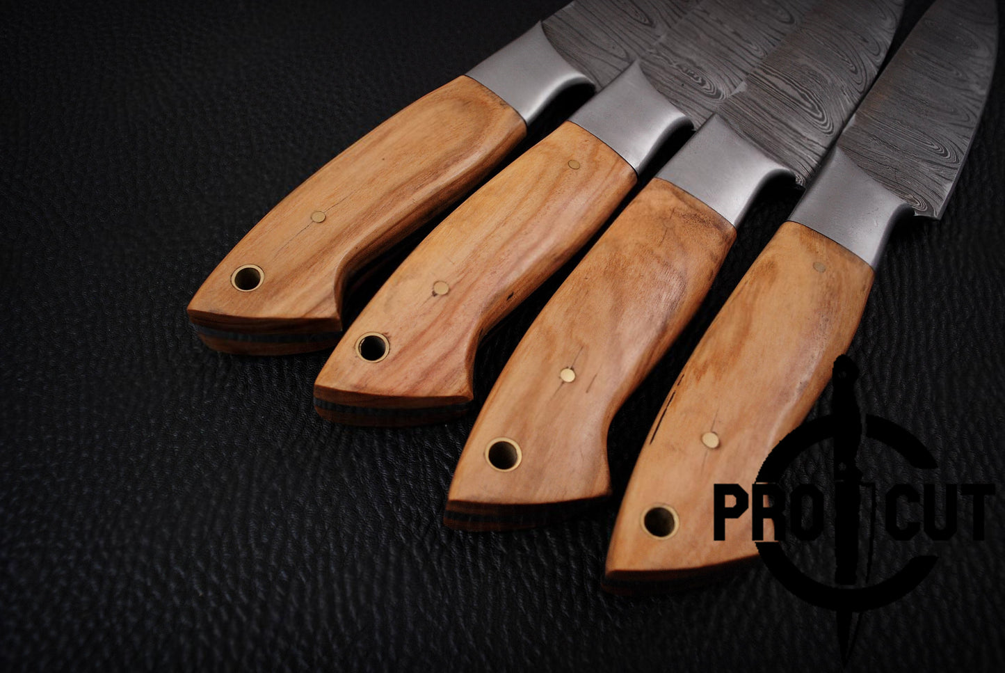 4 Pcs Handmade Damascus Steel Culinary Steak Knives Set with Olive Wood Handle