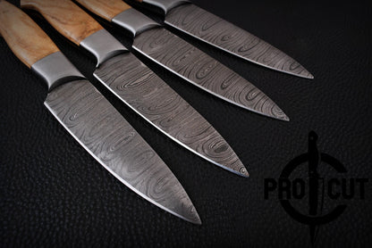4 Pcs Handmade Damascus Steel Culinary Steak Knives Set with Olive Wood Handle