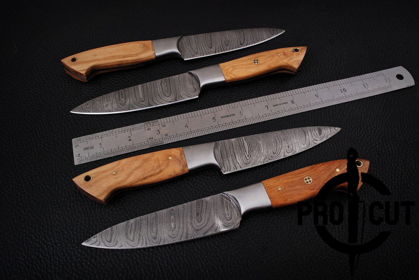 4 Pcs Handmade Damascus Steel Culinary Steak Knives Set with Olive Wood Handle