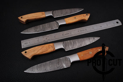 4 Pcs Handmade Damascus Steel Culinary Steak Knives Set with Olive Wood Handle