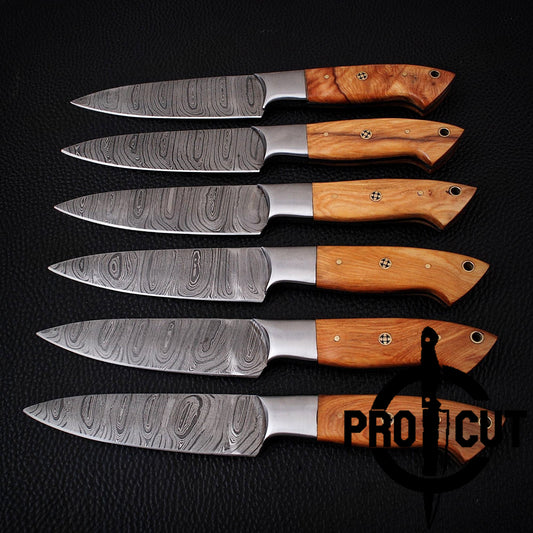 6 Pcs Handmade Damascus Steel Culinary Steak Knives Set with Olive Wood Handle