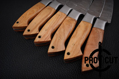 6 Pcs Handmade Damascus Steel Culinary Steak Knives Set with Olive Wood Handle
