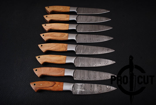 8 Pcs Handmade Damascus Steel Culinary Steak Knives Set with Olive Wood Handle