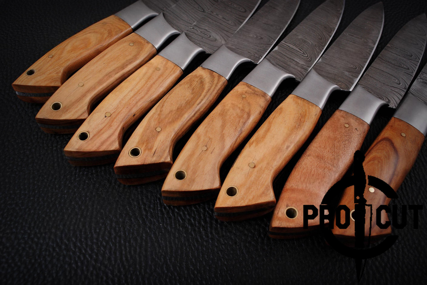 8 Pcs Handmade Damascus Steel Culinary Steak Knives Set with Olive Wood Handle