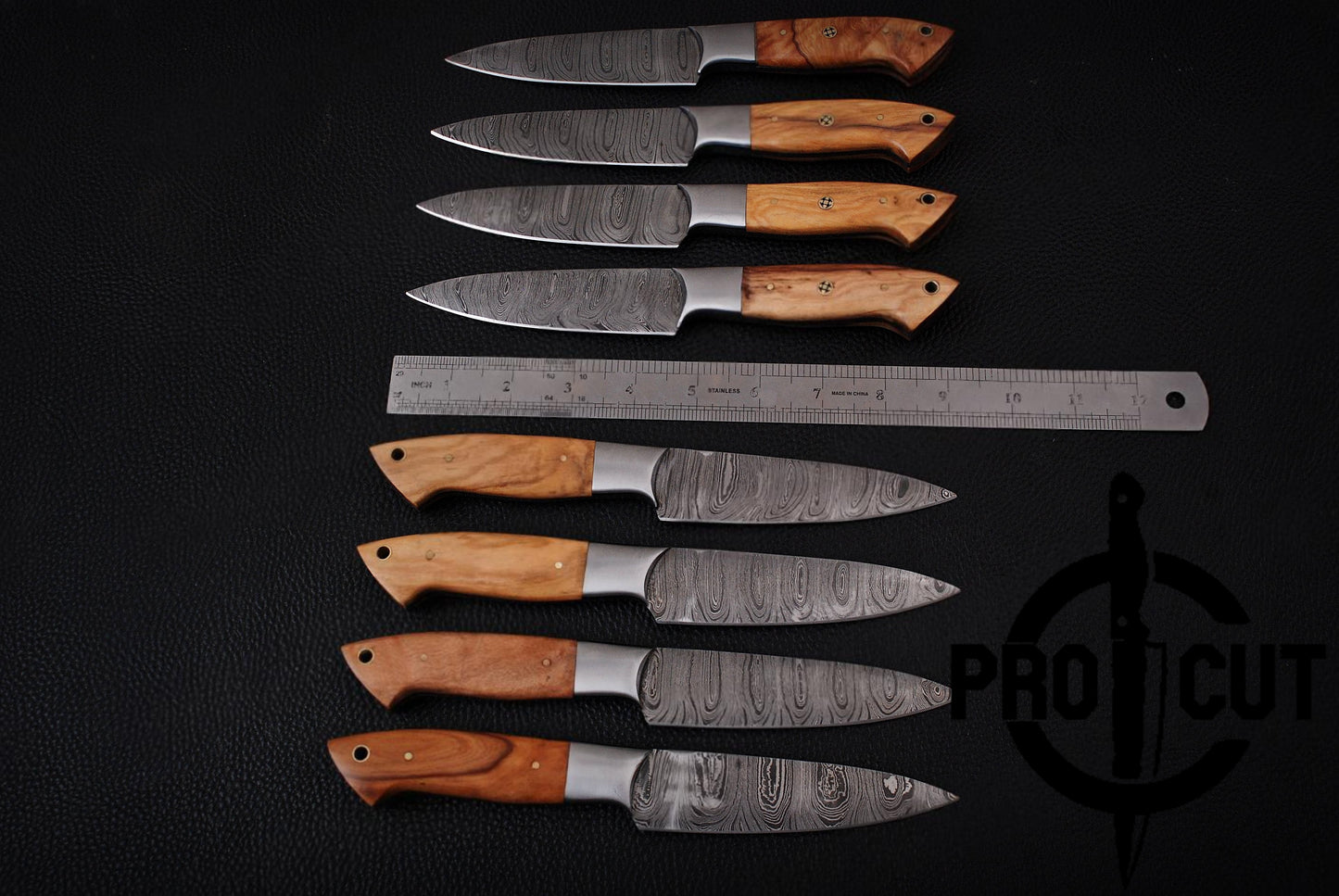 8 Pcs Handmade Damascus Steel Culinary Steak Knives Set with Olive Wood Handle