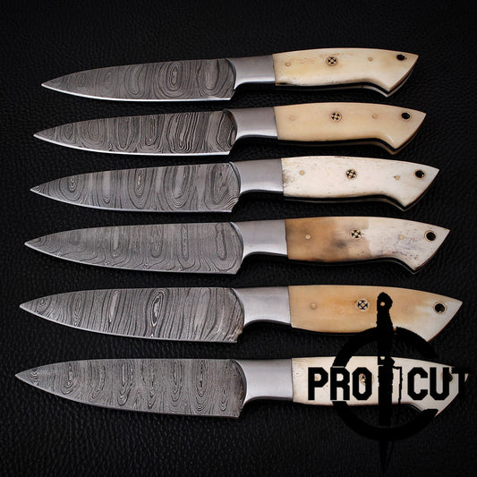 6 Pcs Hand Forged Damascus Steel Full Tang BBQ Steak Knives, Culinary Knives Set Gift for Men