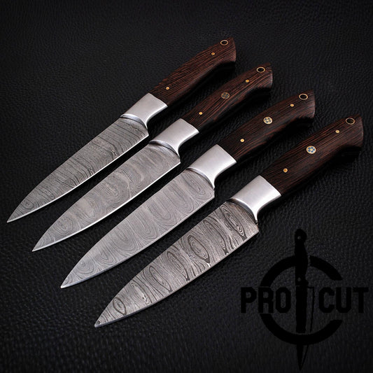 4 Pcs Hand Forged Damascus Steel Steak Knives with Wengee Wood Handle, Culinary Knives Set