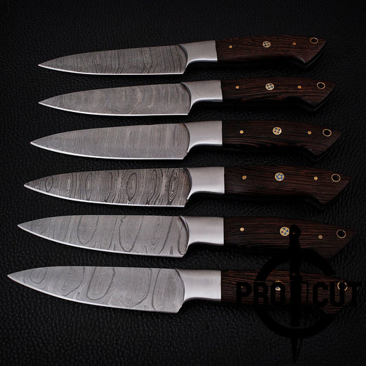 6 Pcs Hand Forged Damascus Steel Steak Knives with Wengee Wood Handle, Culinary Knives Set