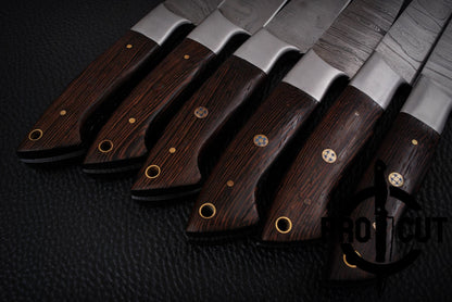 6 Pcs Hand Forged Damascus Steel Steak Knives with Wengee Wood Handle, Culinary Knives Set