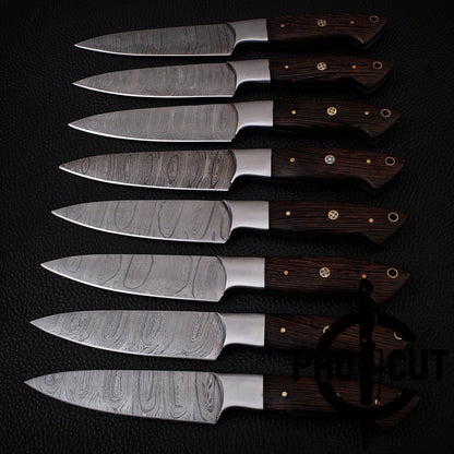 8 Pcs Hand Forged Damascus Steel Steak Knives with Wengee Wood Handle, Culinary Knives Set