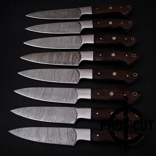 8 Pcs Hand Forged Damascus Steel Steak Knives with Wengee Wood Handle, Culinary Knives Set