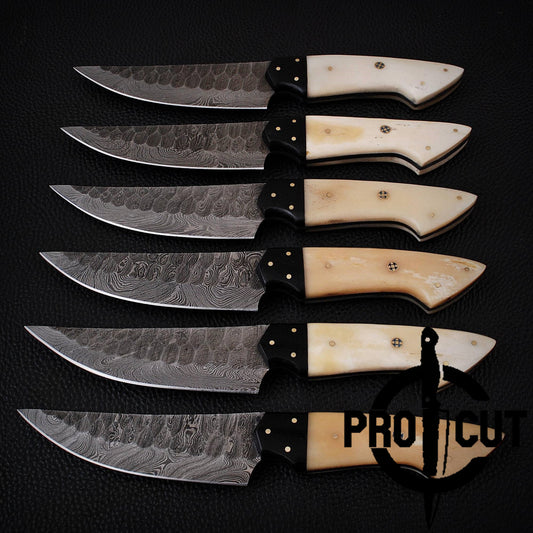 6 Pcs Damascus Steel Handmade Culinary Knives, Damascus BBQ Steak Knives Set