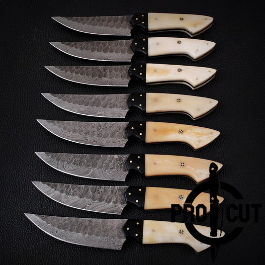 8 Pcs Damascus Steel Handmade Culinary Knives, Damascus BBQ Steak Knives Set