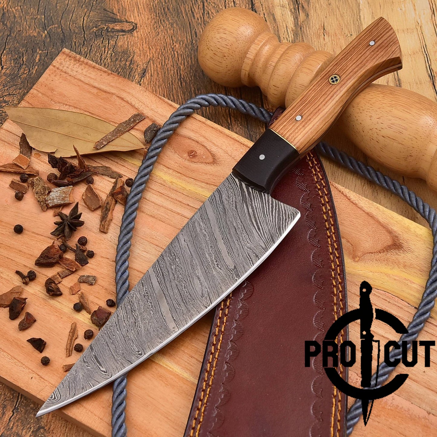 Pro Cut Custom Hand Forged Damascus Steel Chef Knife Olive Wood & G10 Micarta Handle