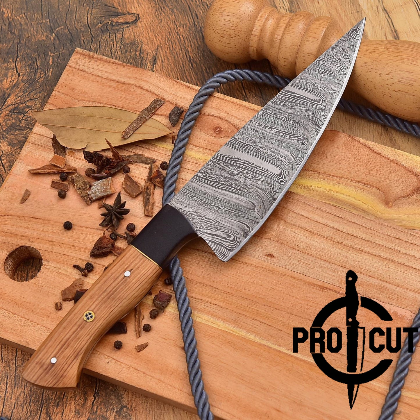 Pro Cut Custom Hand Forged Damascus Steel Chef Knife Olive Wood & G10 Micarta Handle