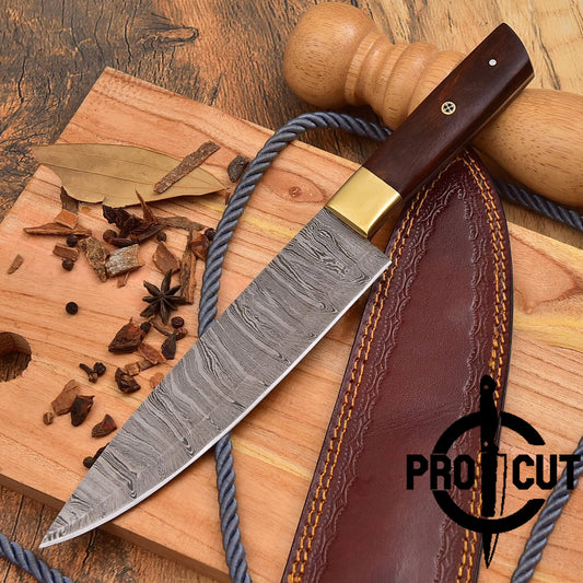 Pro Cut Custom Handmade Damascus Steel Kitchen Knife Rosewood & Brass Handle