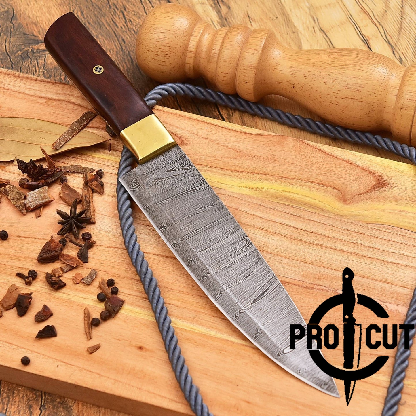 Pro Cut Custom Handmade Damascus Steel Kitchen Knife Rosewood & Brass Handle