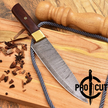Pro Cut Custom Handmade Damascus Steel Kitchen Knife Rosewood & Brass Handle