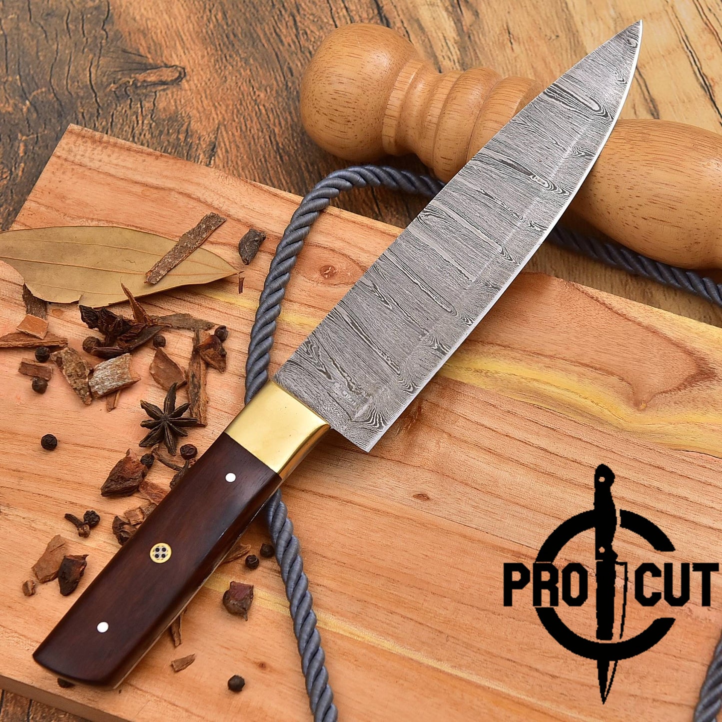 Pro Cut Custom Handmade Damascus Steel Kitchen Knife Rosewood & Brass Handle