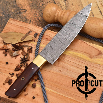 Pro Cut Custom Handmade Damascus Steel Kitchen Knife Rosewood & Brass Handle