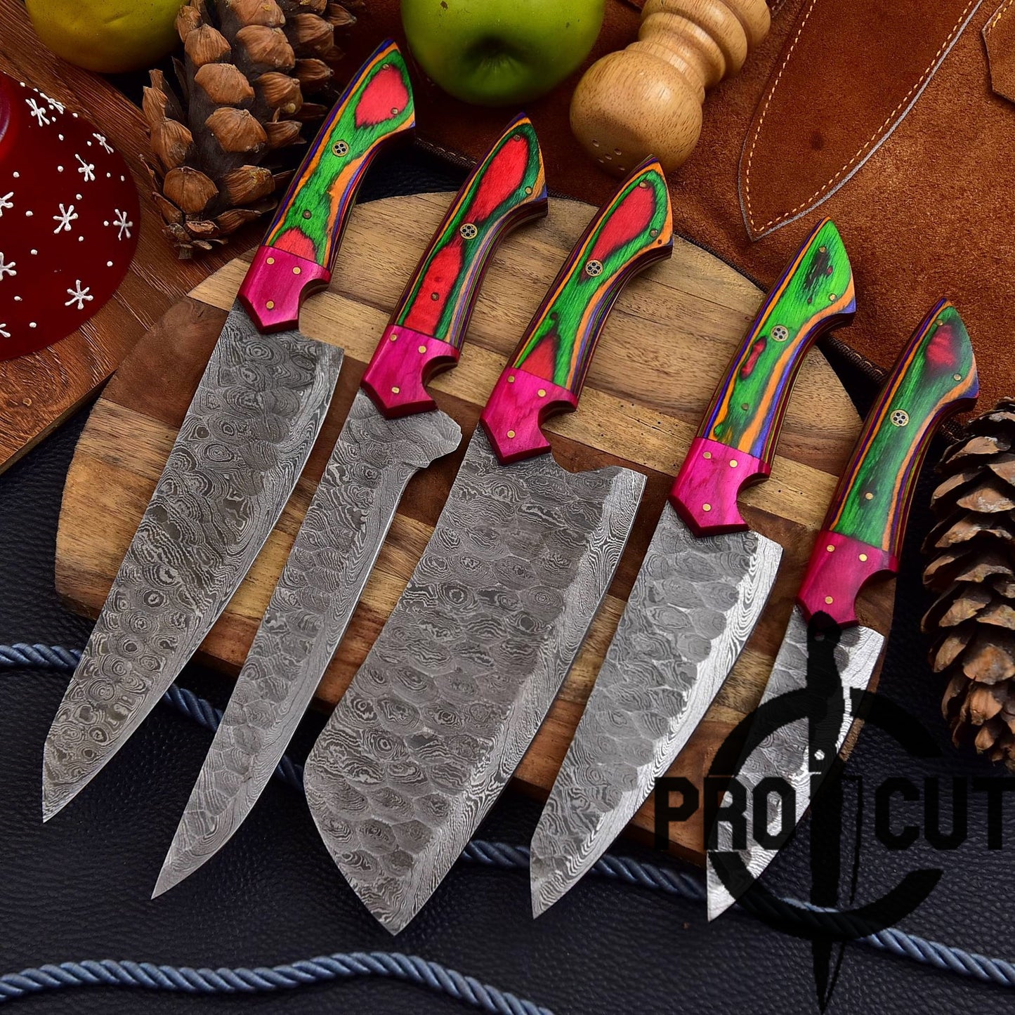 Pro Cut Forge Heart- Damascus Steel Chef Set with Rainbow Wood