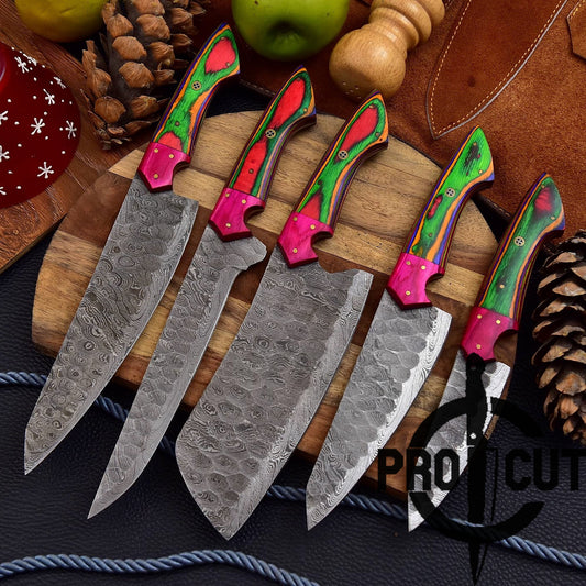Pro Cut Forge Heart- Damascus Steel Chef Set with Rainbow Wood