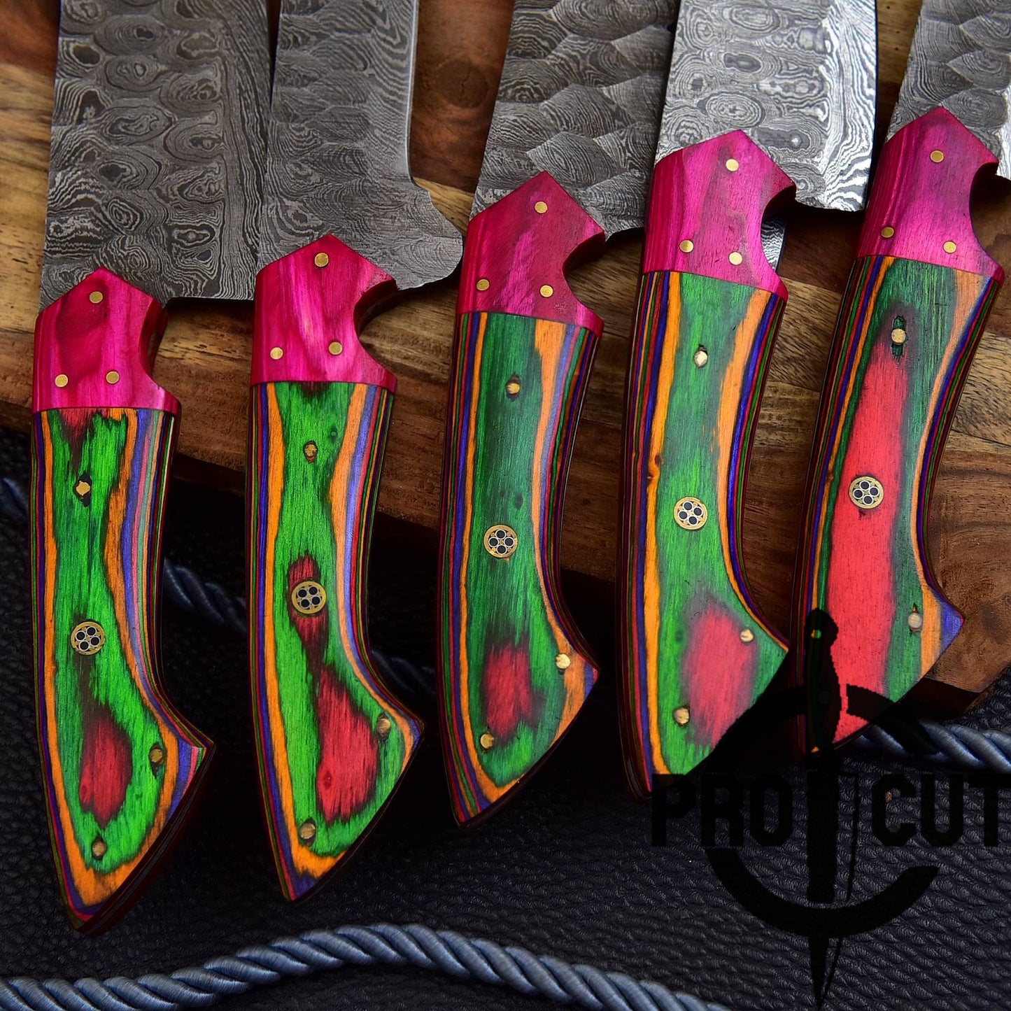 Pro Cut Forge Heart- Damascus Steel Chef Set with Rainbow Wood