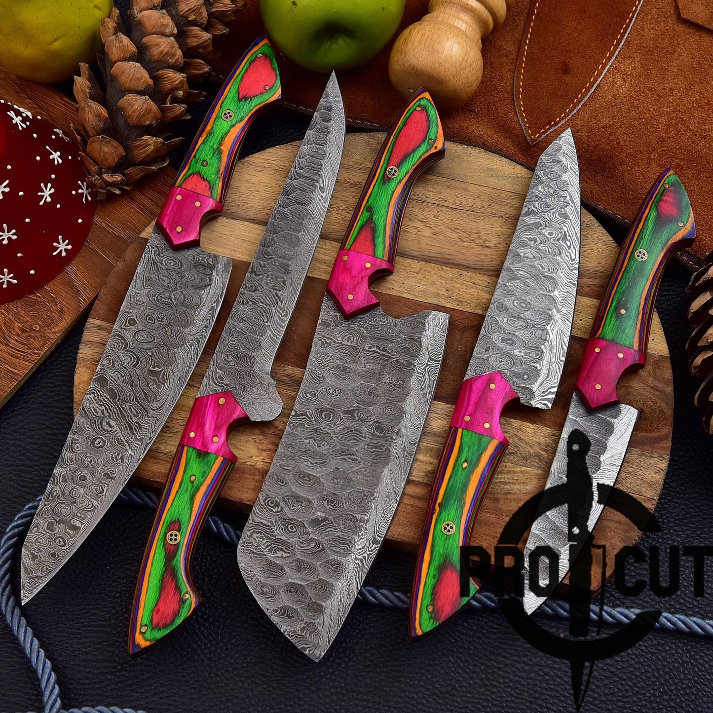 Pro Cut Forge Heart- Damascus Steel Chef Set with Rainbow Wood