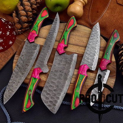 Pro Cut Forge Heart- Damascus Steel Chef Set with Rainbow Wood