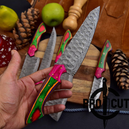 Pro Cut Forge Heart- Damascus Steel Chef Set with Rainbow Wood
