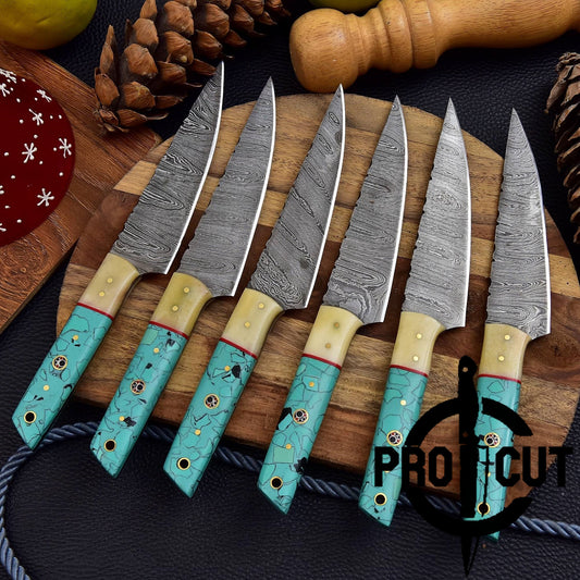 6 Pcs Hand Forged Damascus Steel Full Tang Culinary Steak Knives, Handmade BBQ Steak Knives