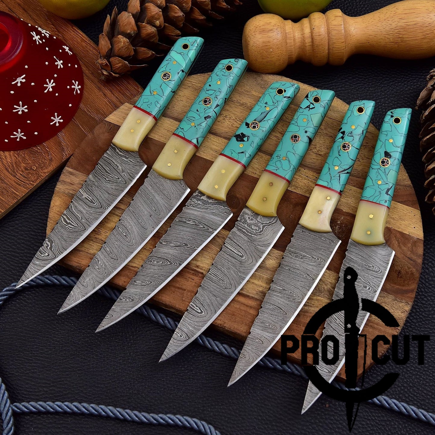 6 Pcs Hand Forged Damascus Steel Full Tang Culinary Steak Knives, Handmade BBQ Steak Knives