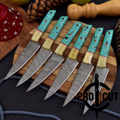 6 Pcs Hand Forged Damascus Steel Full Tang Culinary Steak Knives, Handmade BBQ Steak Knives