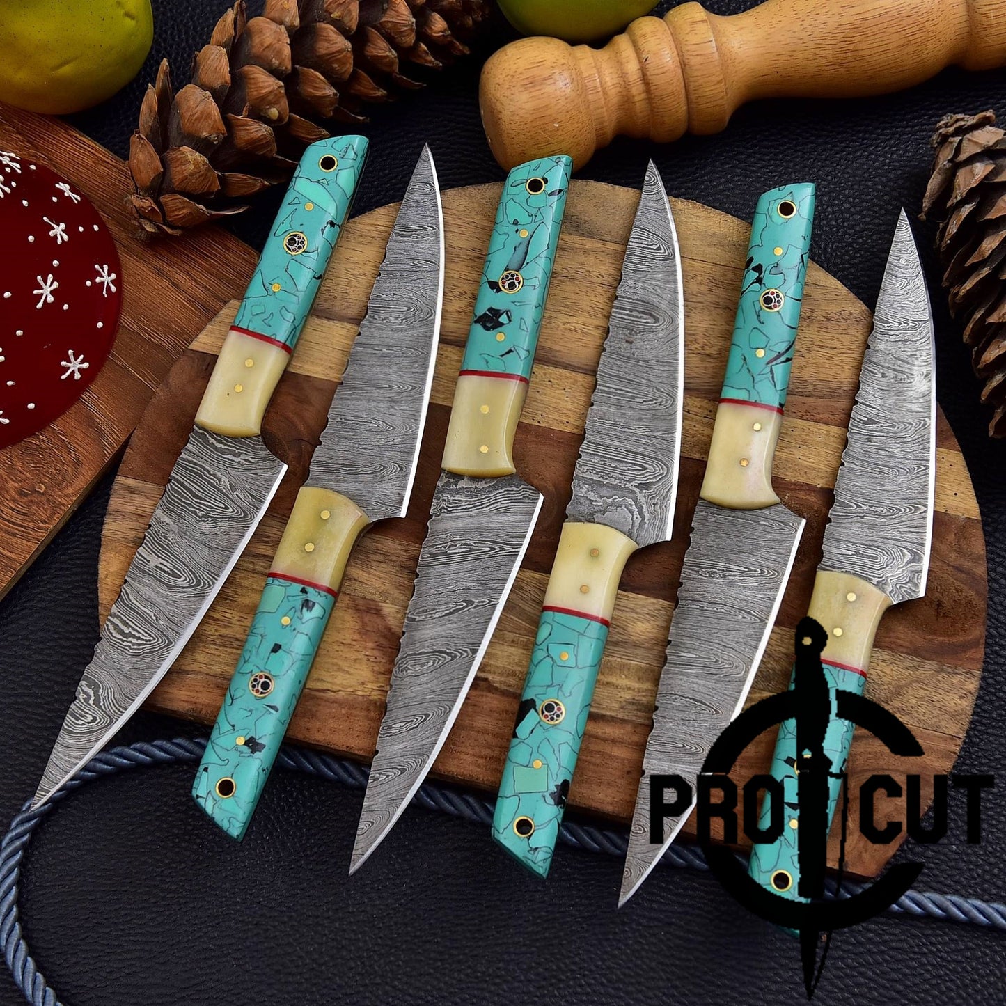 6 Pcs Hand Forged Damascus Steel Full Tang Culinary Steak Knives, Handmade BBQ Steak Knives