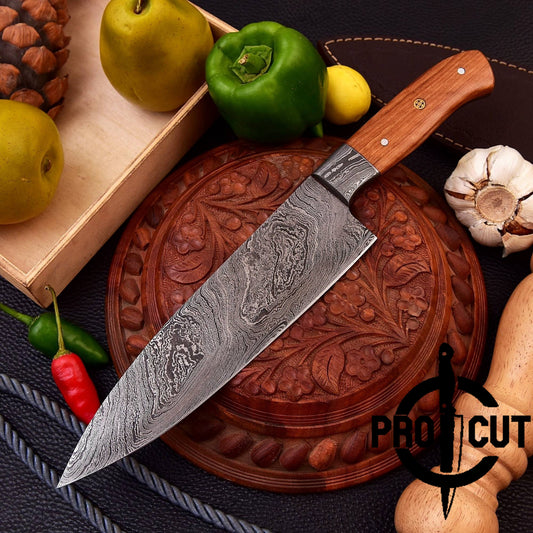 Pro Cut Full Tang Damascus Steel Handmade Kitchen Knife with Olive Wood Handle