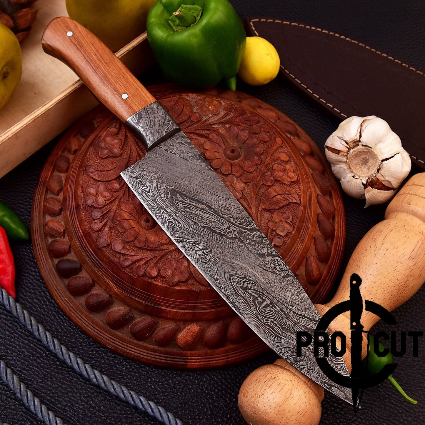 Pro Cut Full Tang Damascus Steel Handmade Kitchen Knife with Olive Wood Handle