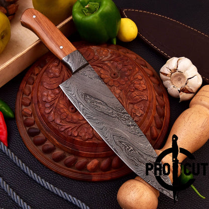 Pro Cut Full Tang Damascus Steel Handmade Kitchen Knife with Olive Wood Handle