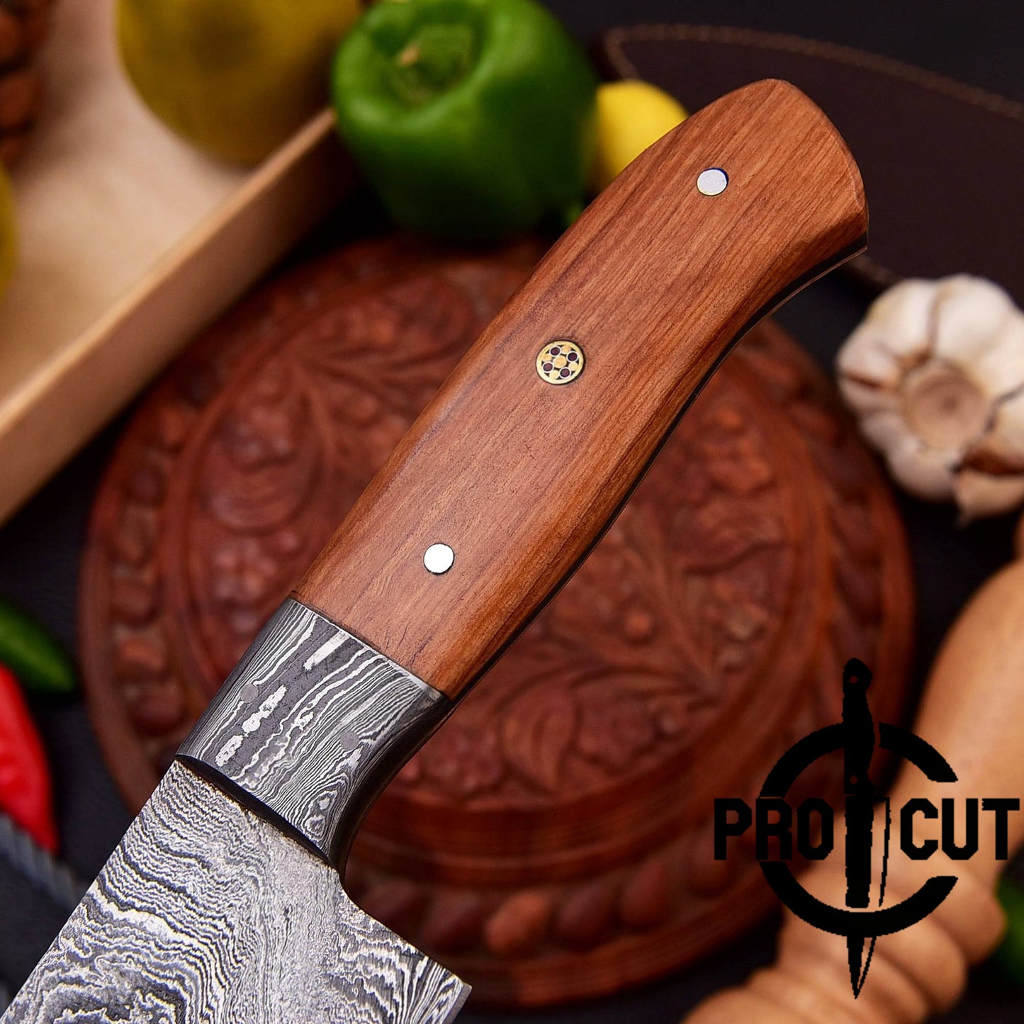 Pro Cut Full Tang Damascus Steel Handmade Kitchen Knife with Olive Wood Handle
