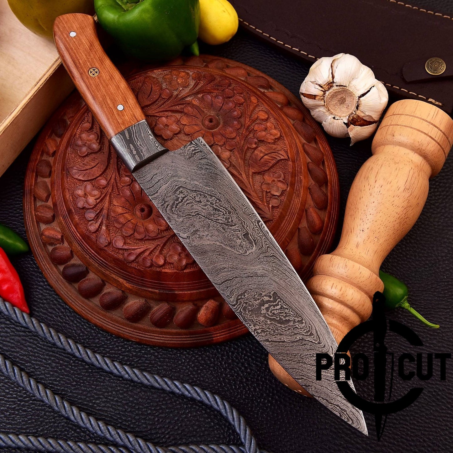 Pro Cut Full Tang Damascus Steel Handmade Kitchen Knife with Olive Wood Handle