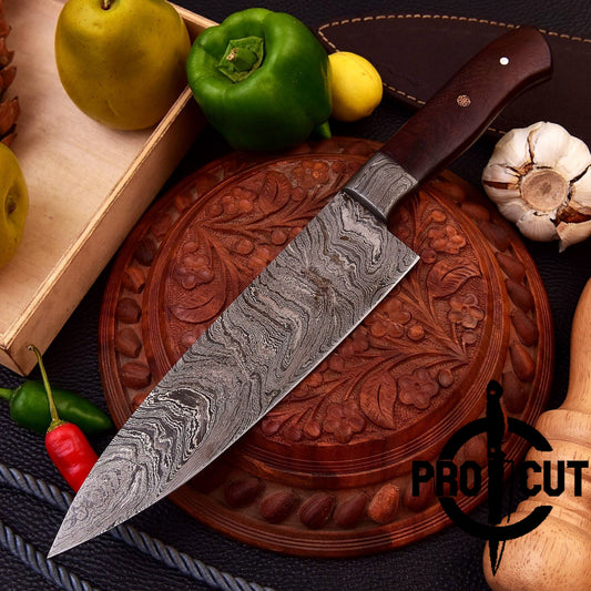 Decorative chef's knife on a wooden cutting board with vegetables and the 'Pro Cut' brand logo.