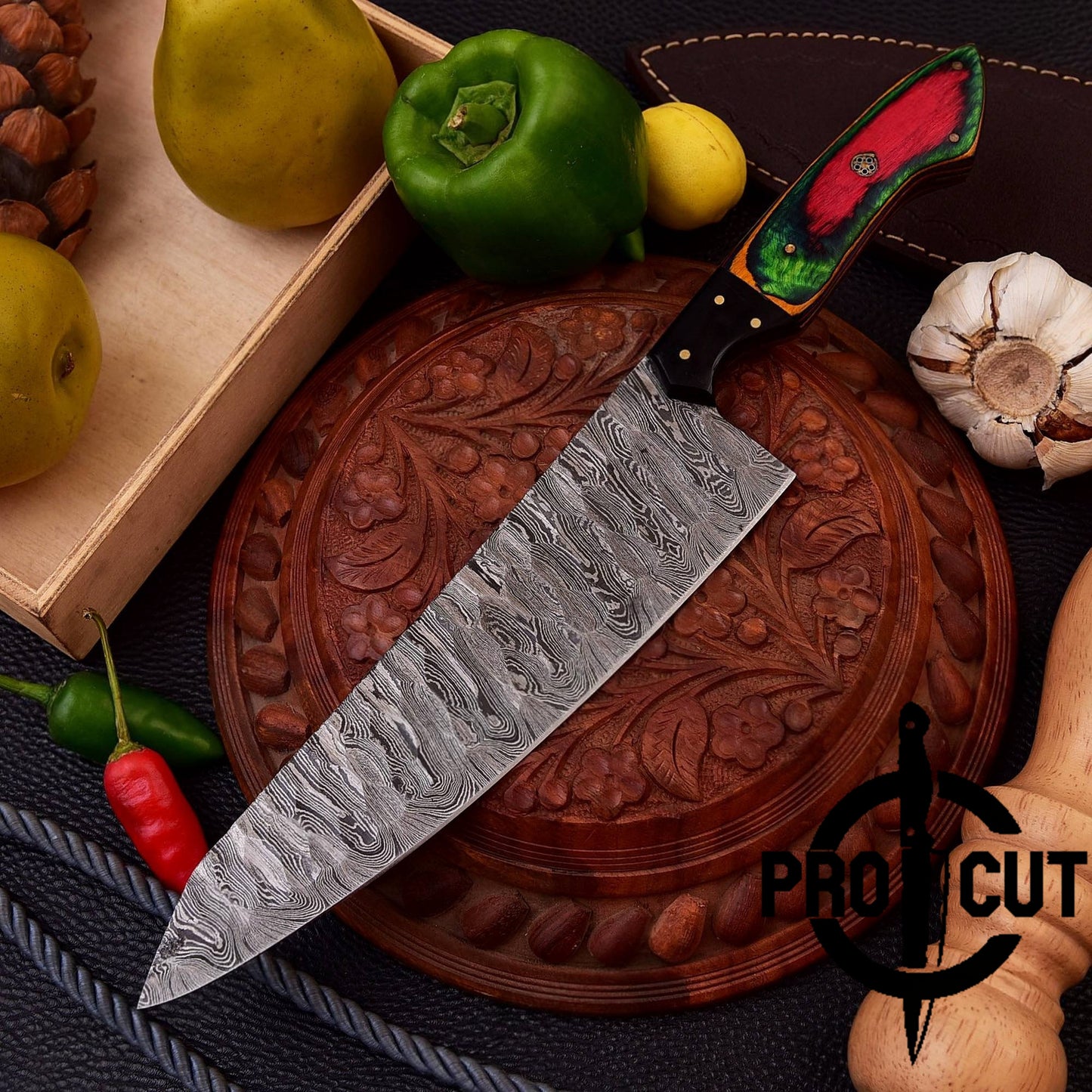 Pro Cut Hearth Steel - Handmade Damascus Steel Full Tang Chef Knife with Rainbow Wood Handle