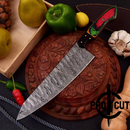 Pro Cut Hearth Steel - Handmade Damascus Steel Full Tang Chef Knife with Rainbow Wood Handle